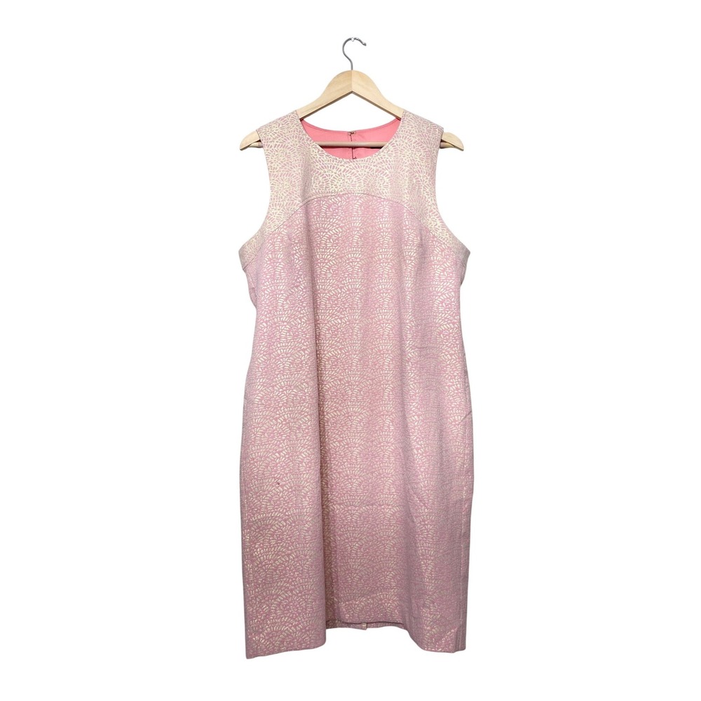 Trina Turk Pink Gold Metallic Jacquard Sleeveless Cutout Back Shift Dress 14‎